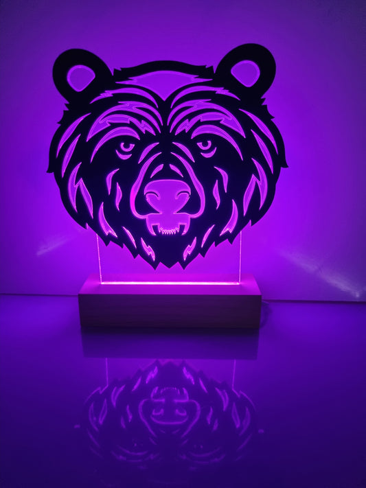 Bear Head LED Light Lamp With Wooden Base Table Lamp Decor